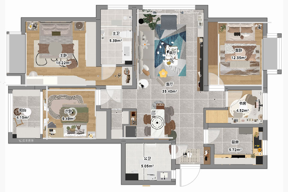 朱明琪｜星叶瑜憬湾2-2-1006-127㎡-北欧风格｜3室2厅2卫｜新房装修｜定制家｜全包16万｜00_03平面彩图